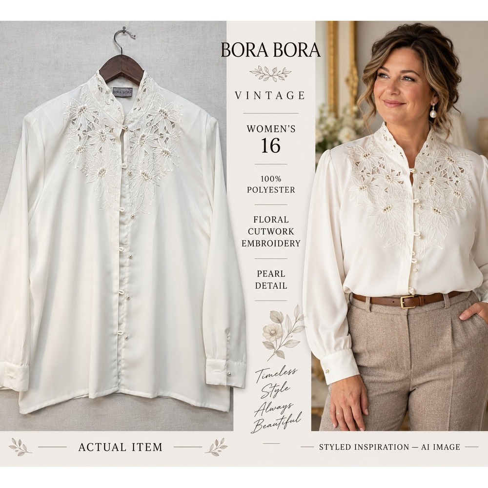 Bora Bora Women's Vintage Lace Embroidery/Pearl/Shld Padded Blouse. Size 16.